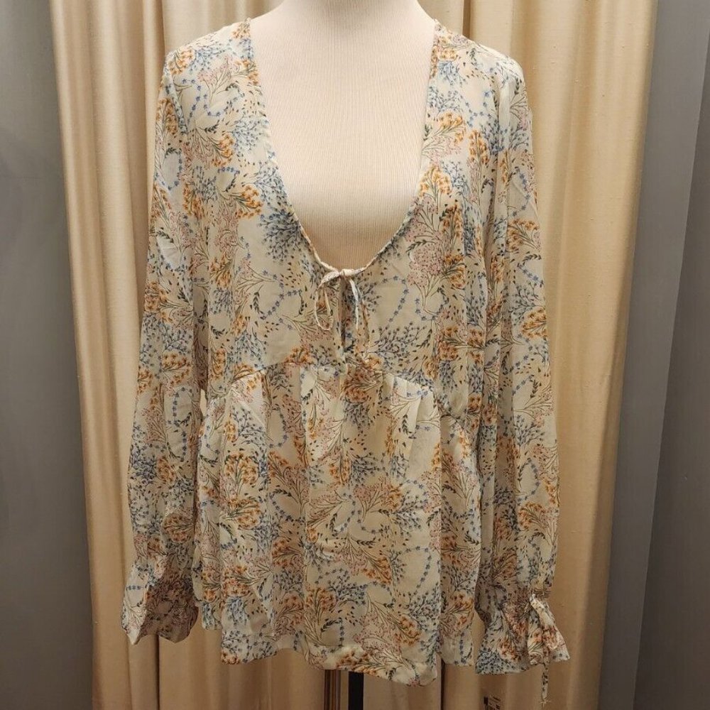 Mod Lusive Womens 1X Multicolor Floral Tie VNeck Ruffle Tie Sleeve Blouse NWT